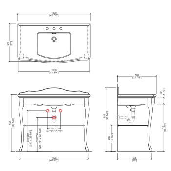 Консоль Devon&Devon Jacqueline Ceramic 109х58хh85,5/95,6 керамич. раков.с 1отв., бел с метал.структ.напольн,, св.золото полка прозр DEJACQ1FBIOTTR