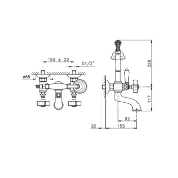 Смеситель для ванны Nicolazzi Dames Anglaises на 2 отверстия, с ручным душем, ручки белая керамика, бронза 1401BZ18