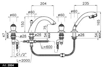 Смеситель для ванны Nicolazzi Cristallo на 3 отверстия, с переключателем, изливом 223мм и ручным душем, золото 2004GO22
