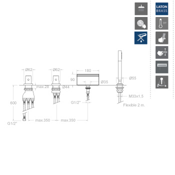 Смеситель на борт ванны Ramonsoler Tzar термостатический с каскадным изливом и ручным душем 343303TM