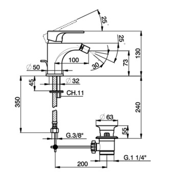 Смеситель для биде Cisal Alma однорычажный, на 1 отверстие с донным клапаном, хром A300055021
