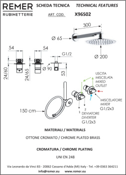 Душевая система Remer X-style с ручным душем и шлангом и верхним душем хром (CR) X96S02