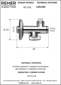Вентиль Remer ○ угл.¼обор с фильтром 1/2-3/4 RR 1231234