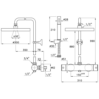 Душевой комплект Stella Bamboo 3287/304-300: термостатический смеситель, штанга+ручной+верхний душ 300 хром UN 02611 CR00