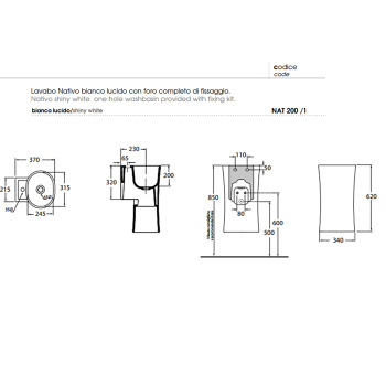 Раковина подвесная Azzurra Nativo 35х37хh62см с 1 отв. под смеситель, с креплением, белый LALS035370NM/(NAT200/1 bi)*1