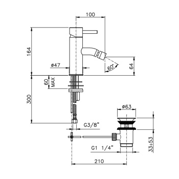 Смеситель для биде Nicolazzi Mac Kinley 05 на 1 отверстие, с донным клапаном, gold 3703GO29M