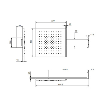 Верхний душ Fantini Acquafit 300х320, с настенным держателем 414,5, хромотерапия, внешняя часть, черный матовый 79 13 K041B