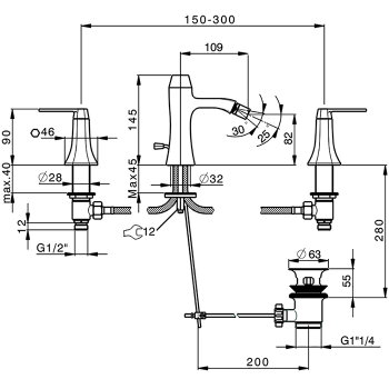 Смеситель для биде Cisal Cherie на 3 отверстия с донным клапаном, хром/черный матовый CF0012206T Акция