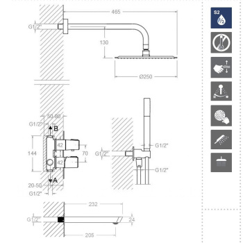 Смеситель для душа Ramonsoler Tzar встраиваемый с изливом, тропическим и ручным душем никель K3415031NC