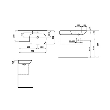 Laufen INO Раковина накладная, 900х450х120мм с 1  отв. под смеситель, полка слева, цвет: белый матовый (продаем с базами 4.0300.2.110.26/4.2540.1.030.