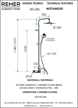 Душевая система Remer Winner (регул. по выстоте 1170-1720) W37AMD20