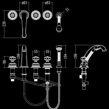 Смеситель на борт ванны Devon&Devon Excelsior King с 5 отверстиями переключателем и душем золото 24к EXC-KN150GK