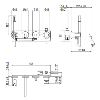 Смеситель встраиваемый для ванны Gattoni Circle Two на 4 отв, с ручной лейкой с внутр.частью, bianco opaco 9105/91BO