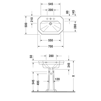 Duravit 1930 Duravit 1930 Раковина с перел., и 1 отв. под смес., 70х50х Н: 20.5см, Цвет: Белый