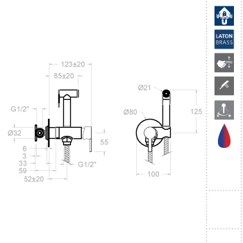 Гигиенический душ Ramonsoler встраиваемый с магнитным клапаном и латунной лейкой 336801WC