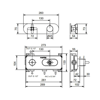 Термостат для душа Fantini Icona Classic на 2 источника, 3/4", наружная часть, Matt Gun Metal PVD 53 P5 R772B
