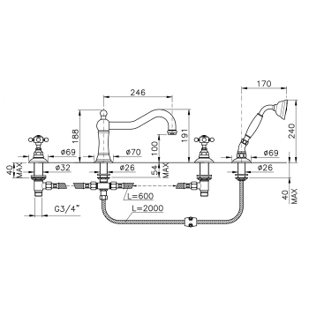 Смеситель на борт ванны с душем Nicolazzi Half Dome Crystal на 4 отверствия, излив: 246 мм, хром 1449CR93