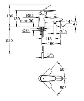 Смеситель для ванны GROHE Eurodisc Cosmopolitan монтаж на бортик ванны, хром 33192002