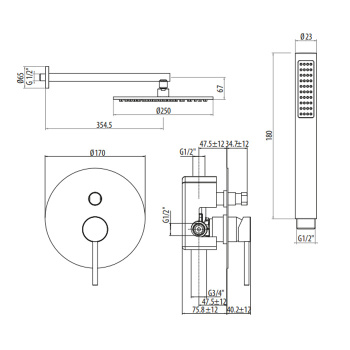 Комплект для душа со встроенным смесителем с Gbox с ручной лейкой и верхним душем Gattoni Circle Two/one 250, nero opaco 9190/PDNO (аналог 9090/PDNO)