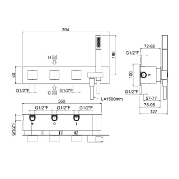 Смеситель для душа встраиваемый Carimali Ilquadro однорычажный, с переключателем на 4 потока, с ручным душем и шлангом, внешняя часть, хром 21941EST-CR
