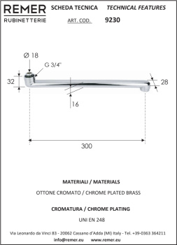 Излив поворотный Remer Lпрямой 30см хром (CR) 9230