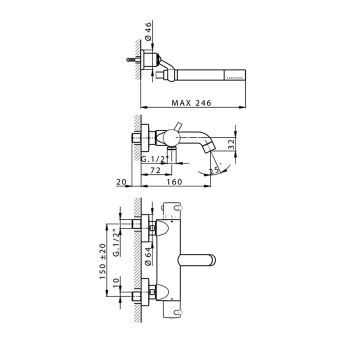 Смеситель термостатический для ванны Cisal Less New настенный, с ручной лейкой,держателем и шлангом, черный матовый LND2301640
