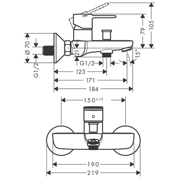 HG Vernis S Смеситель для ванны, настенный, излив 171мм, с переключателем на душ, цвет: хром