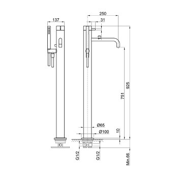 Смеситель для ванны Fantini Af/21 напольный, с ручн душем, излив 250, наружная часть, Matt Copper PVD 27 P9 A580B