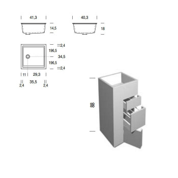 Тумба с раковиной Noorth Milldue Edition Touch 410х400х880, напольный, 3 ящика, слив в пол, раковина Milltek белая матовая, отделка Argilla матовый, 370404
