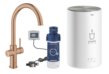 Комплект для кухни GROHE Red Duo II с бойлером M-size, смеситель с C-образным изливом, медь 30083DL1