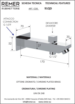 Дивертер Remer Q-Design Излив настенный 18см с ом Qubika хром (CR) 91QD