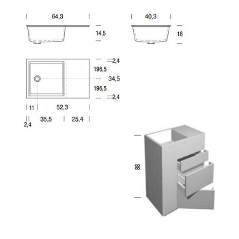 Тумба с раковиной Noorth Milldue Edition Touch 640х400х880, напольный, 3 ящика, слив в пол, раковина Milltek белая матовая, отделка Argilla матовый, 371134