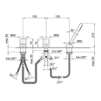 Смеситель на борт ванны Fantini Nostromo на 2 источника, 3 отв., с ручн душем, без излива, хром 50 02 1667