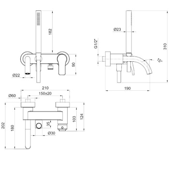 Смеситель для ванны Fantini Al/23 настенный, излив 190, хром 26 02 B015