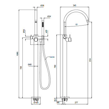 Внешняя часть отдельностоящего смесителя на ванну с двумя картриджами Almar Freestanding, оружейный металл брашированный pvd E216000.GM