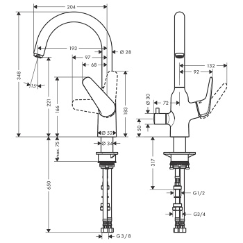 Смеситель для кухни hansgrohe Focus M42, 220, 1jet 71803000 с запорным вентилем