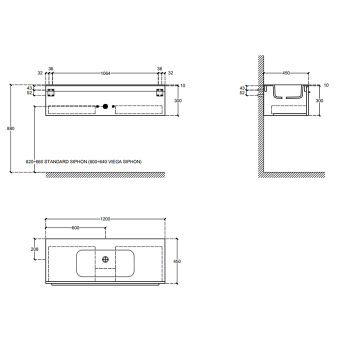 Композиция из тумбы Falper 7.0 R0112000000BQ 1200х450х300 и раковины CERAMILUX P7C12001000OP c 1 отверстием под смеситель, V3D