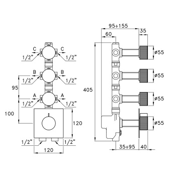 Внешняя часть встраиваемого термостатического смесителя Stella Sirius на 3 источника. черный матовый SR06015NE00