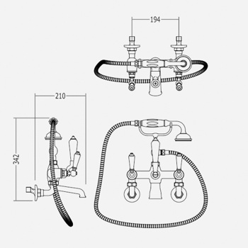 Смеситель для ванны Devon&Devon Dandy монтаж на стену без эксцентриков - межосевое расстояние 194мм с лейкой и шлангом хром MARF40MCR