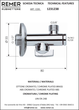 Вентиль Remer ○ угл.¼обор с фильтром 1/2- 3/8 RR 1231238