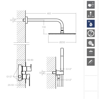 Смеситель для душа Ramonsoler Tzar встраиваемый с тропическим и ручным душем черный K3415021NM