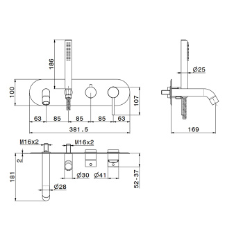 Смеситель для душа Newform Xt излив 169, ручной душ, кронштейн, на декоративной пластине, для 31031, хром 4272E.21.018