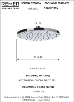 Верхний душ Remer с шарнирным соединением Ø 30см 356MD хром пластик 356MD30X