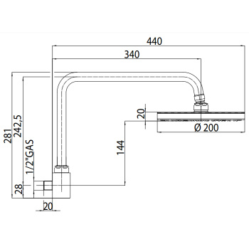 Bossini Oki Верхний душ 20см., настенный, с поворотной рукояткой 28.1см., цвет: хром H59405.030