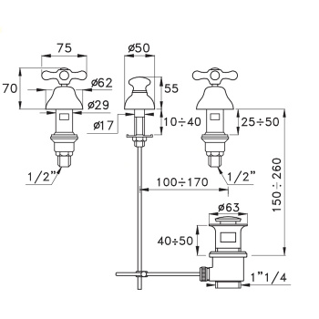 Смеситель для биде Stella Roma на 3 отверстия 3600, без излива, с донным клапаном, хром RM 00200 CR00