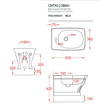 Биде подвесное Artceram CIVITAS 36х54, с крепеж. с 1 отв под смес, белый CIB001 01 00 bi*1