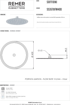 Верхний душ Remer с шарнирным соединением Ø 40см нержавеющая сталь SS357UFM40X