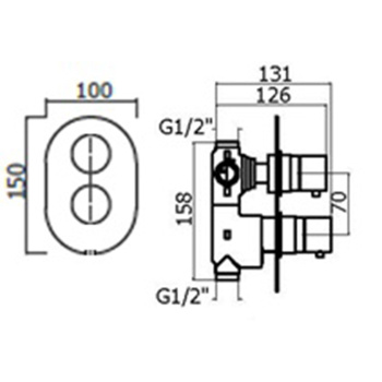 Смеситель термостат встраиваемый для душа Plumberia Selection Ixo 2 выход в к-те со встраив.частью, накл. овальная из нерж.стали, белый матов., XOT5040BO