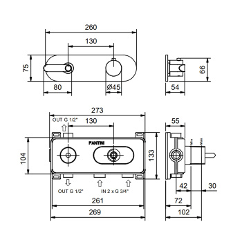 Термостат для душа Fantini Icona Deco на 2 ист, 3/4", наружная часть, хром 53 02 R872B