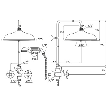 Душевой комплект Stella Roma 3284/301/314A-300: смеситель, штанга+ручной+верхний душ 300 хром RM 02513 CR00